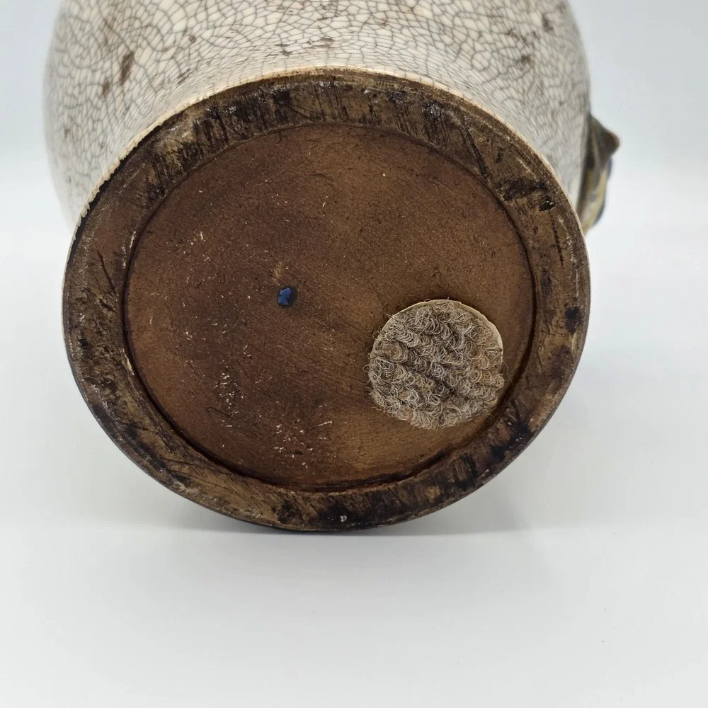 Antique French Barbotine Craquelure Ceramic‎ Vase Bird Olive Branch 19th-20th C